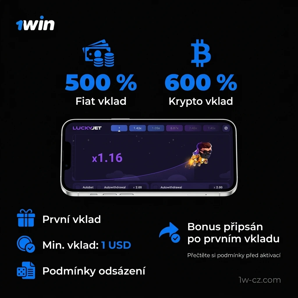 Uvítací bonus Lucky Jet pro hráče z České republiky – 500% Fiat nebo 600% Crypto na 1win
