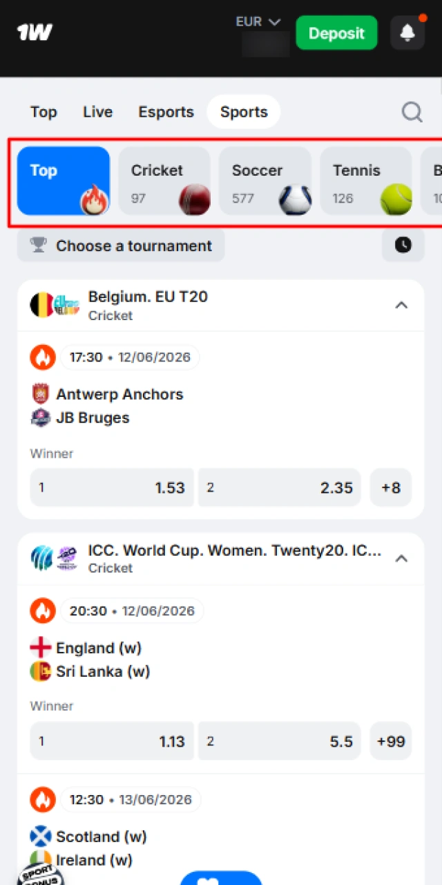 Vyberte si sportovní zápas a vsaďte přes mobilní web 1W.