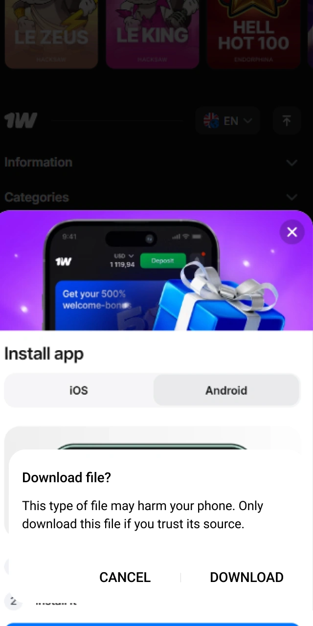 Potvrďte stažení v okně pro instalaci mobilní aplikace 1W na Android.