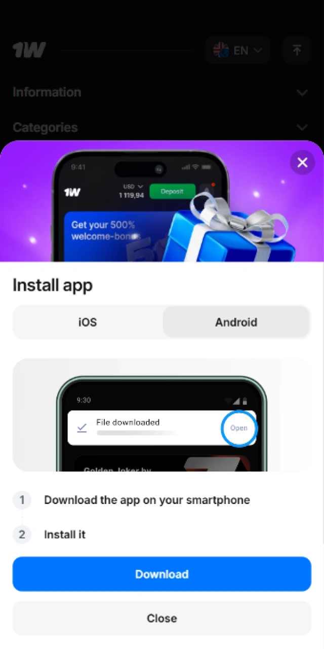 Stáhněte si instalační soubor pro mobilní aplikace 1W v systému Android.
