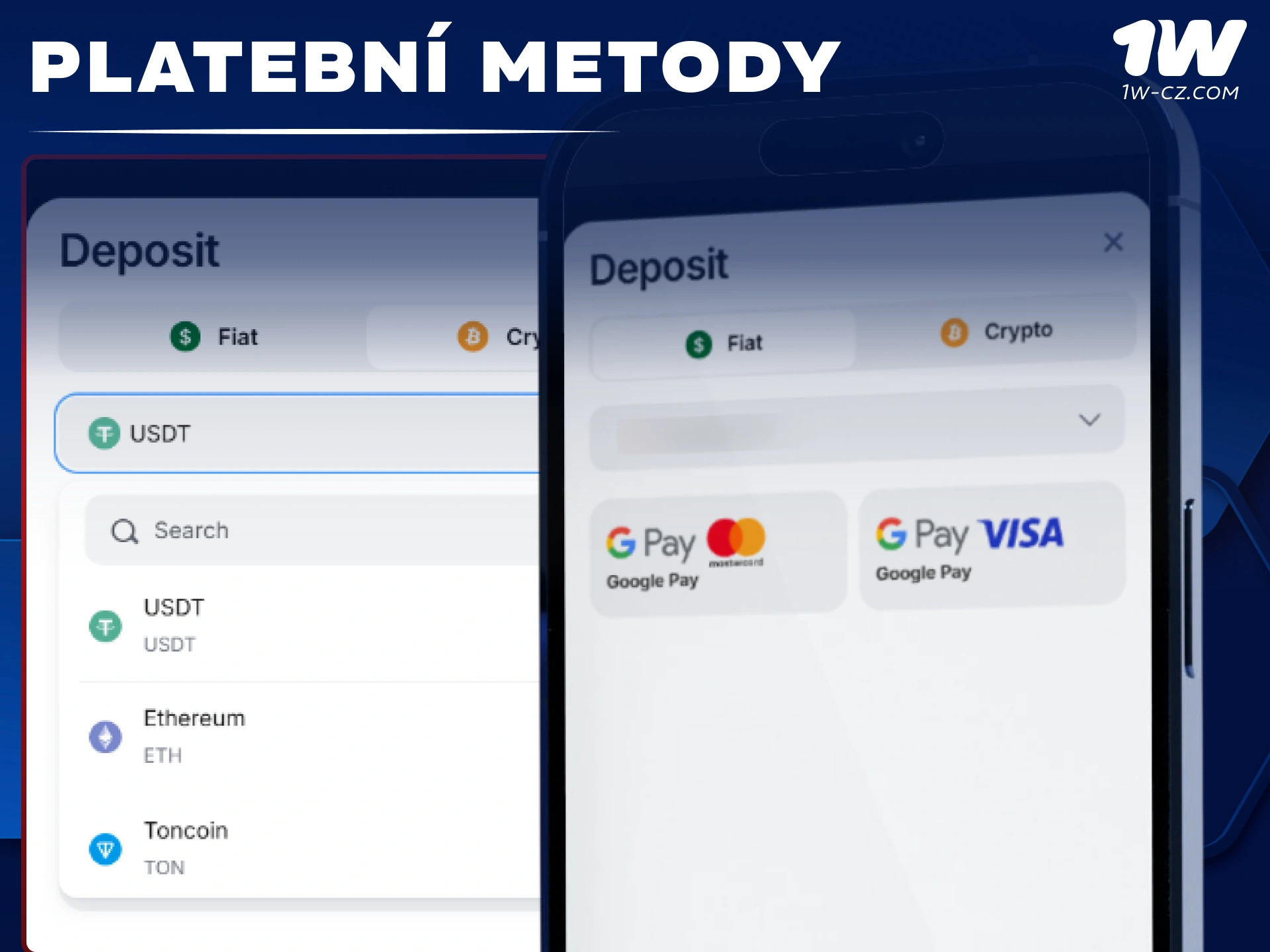 Vložte peníze bezpečně přes dostupné platební metody v mobilní aplikaci 1W.