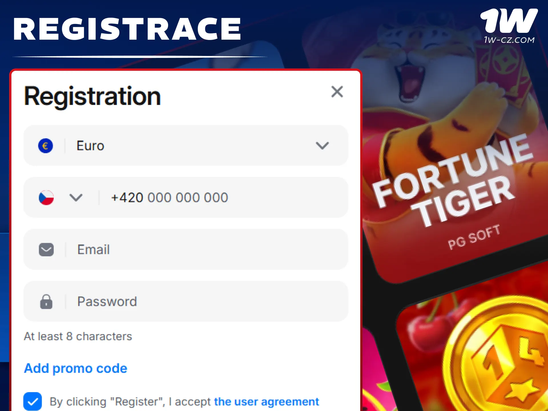 Projděte rychlou registrací nového hráče a získejte uvítací bonus od 1W.