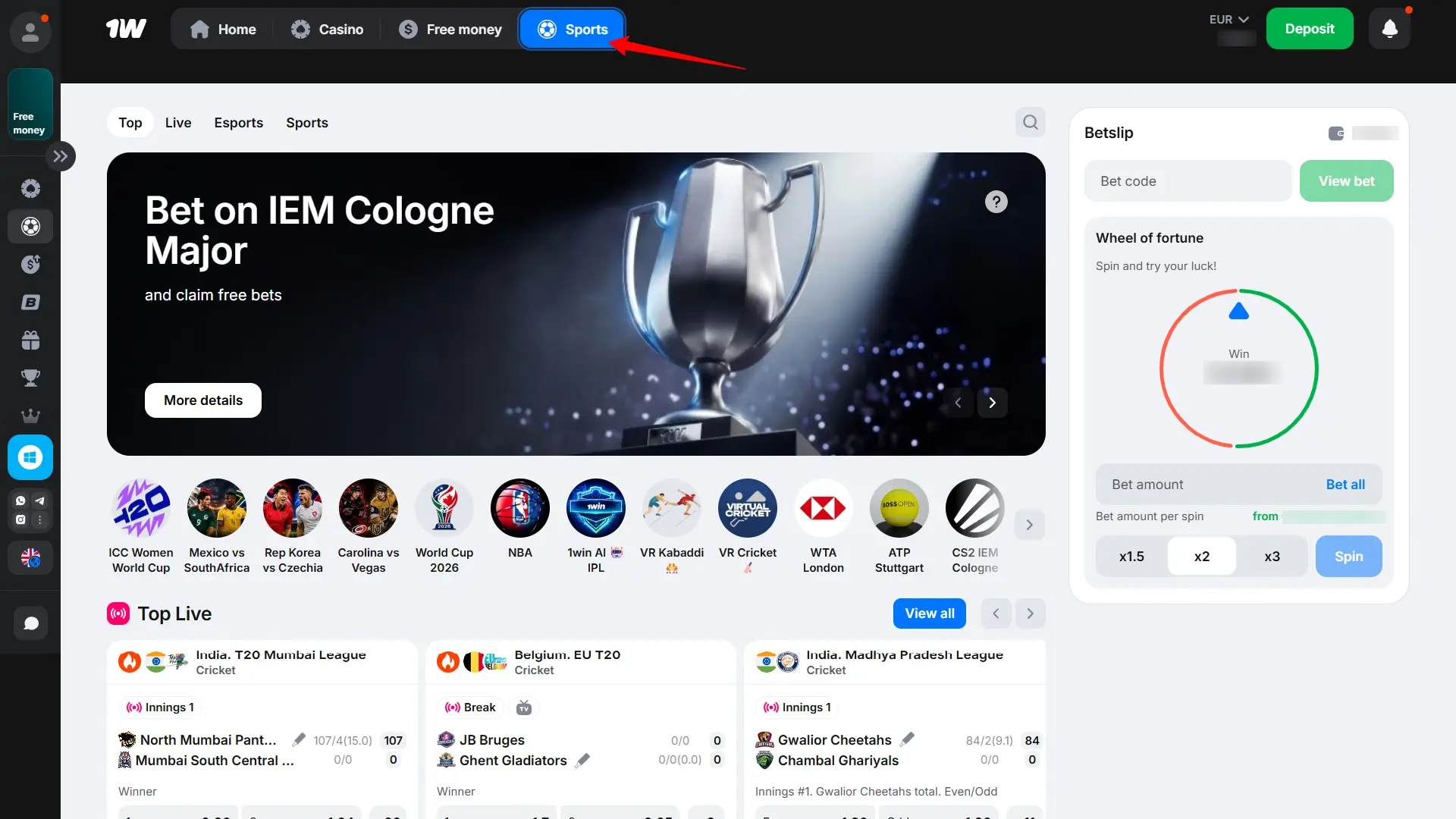 Otevřete sportovní sekci a připravte svou sázku na platformě 1W.