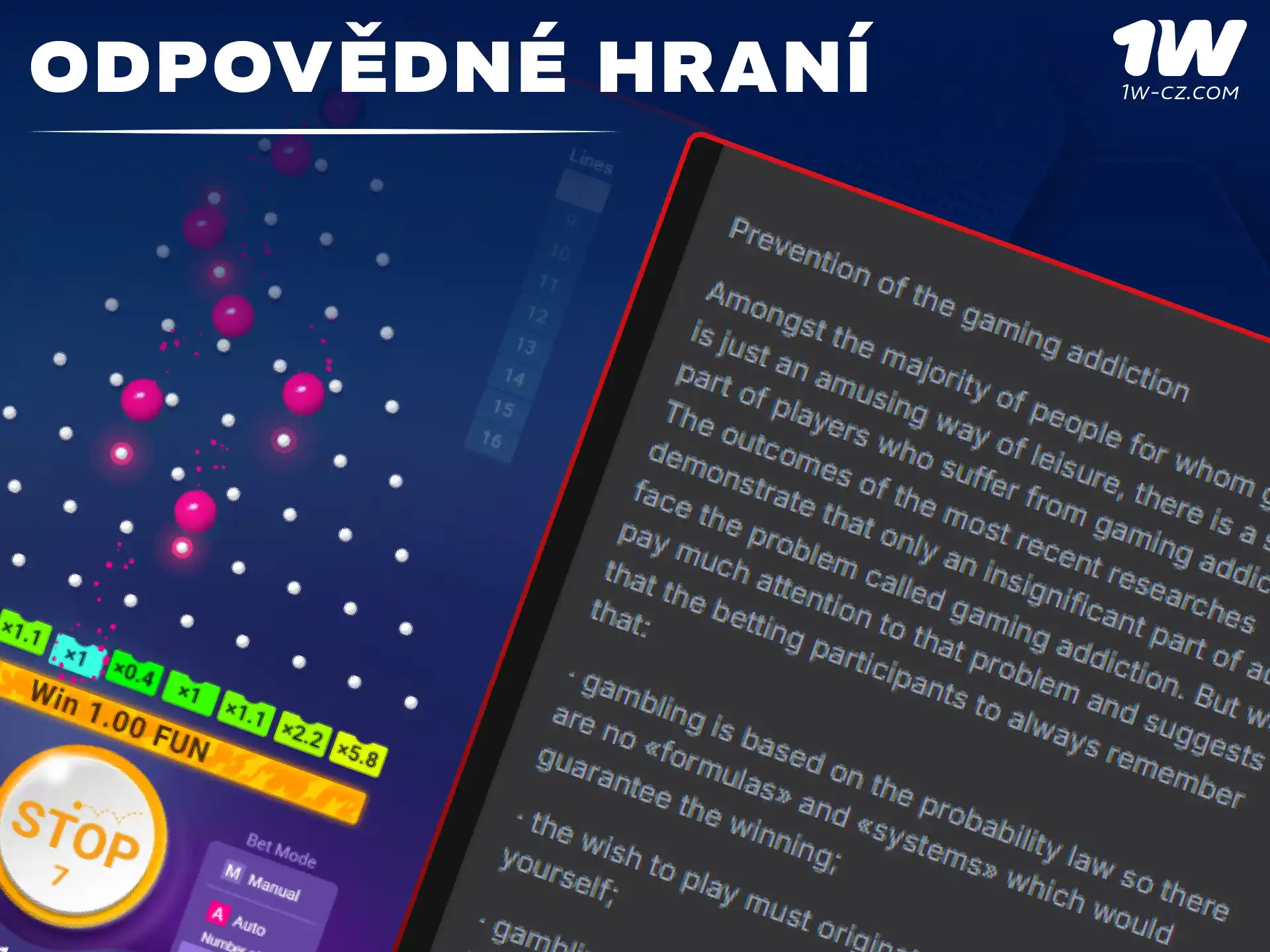 Seznamte se se zásadami odpovědného hraní pro snížení rizik při hraní Plinko na 1W.