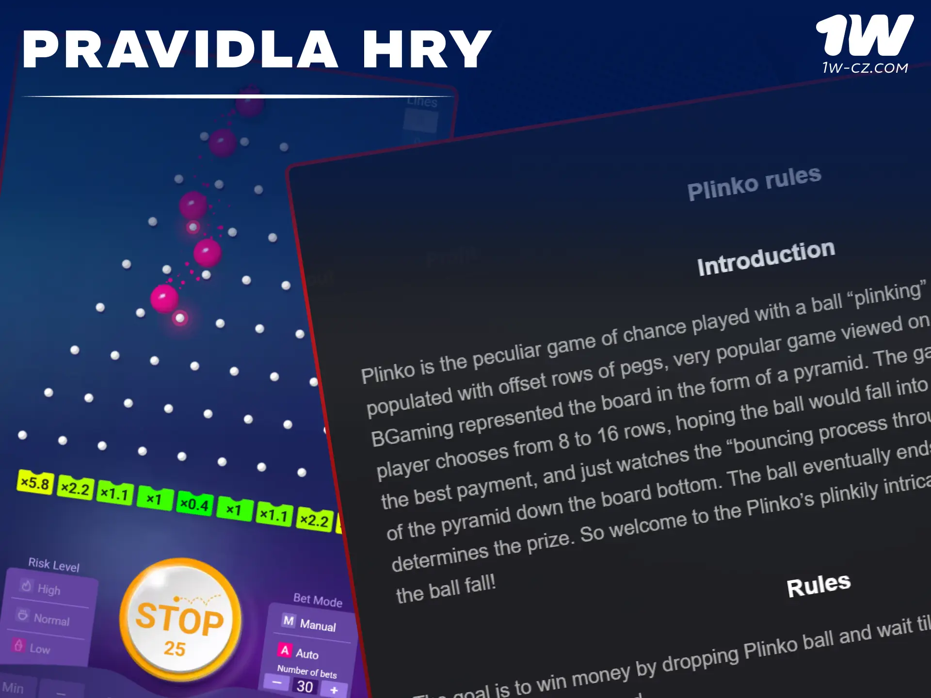 Přečtěte si základní pravidla hry a zjistěte, jak hrát Plinko v online kasinu 1W.
