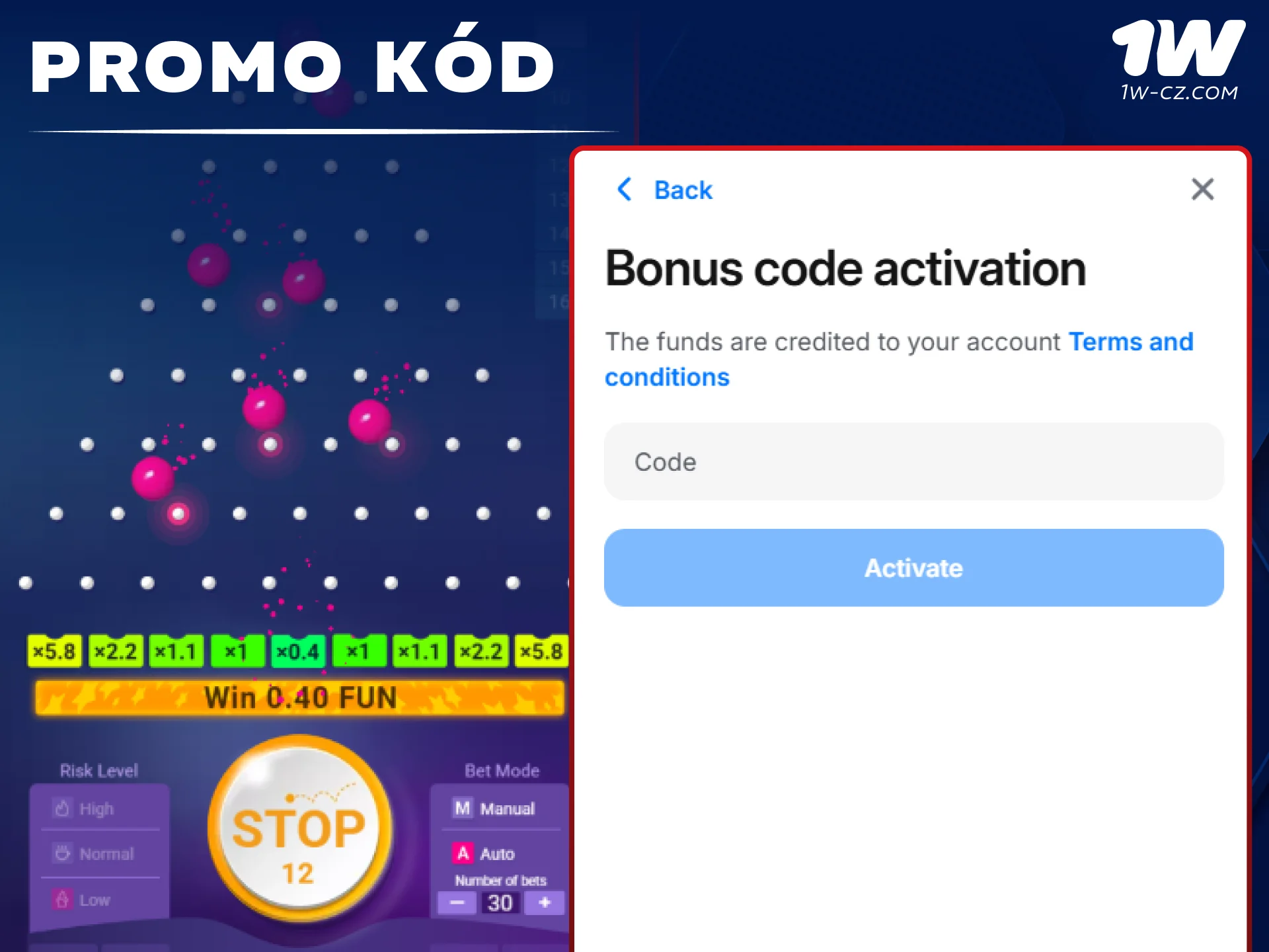 Aktivujte speciální promo kód pro hru Plinko a získejte bonusy v kasinu 1W.