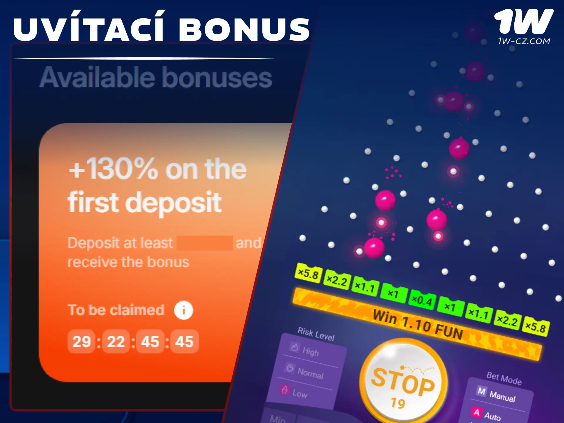 Získejte štědrý uvítací bonus pro české hráče a hrajte online hru Plinko na 1W.