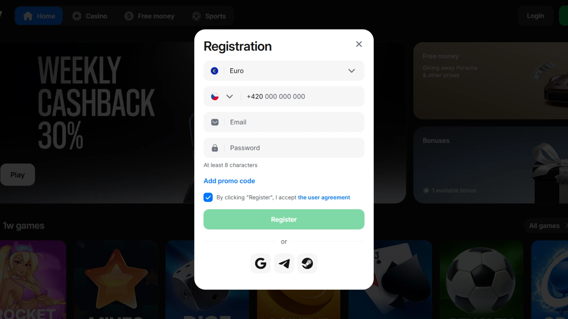 Otevřete registrační formulář 1W a získejte přístup ke kasinu.